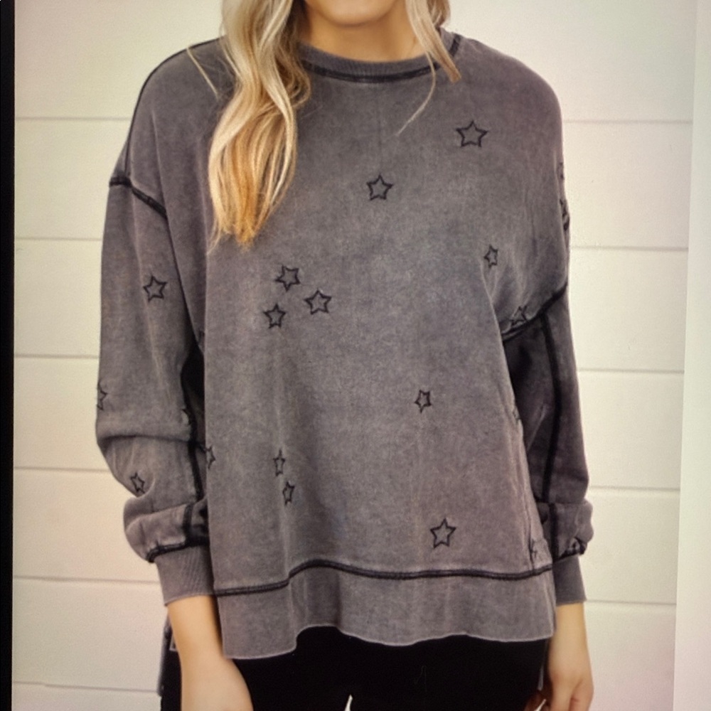 Z Supply Modern Weekender Black/Gray relaxed fit sweatshirt embroidered Stars Lg